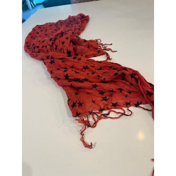 Red Star Pattern Pashmina & Silk Blend Scarf With Fringe Edges Lightweight & Sof - Picture 6 of 6